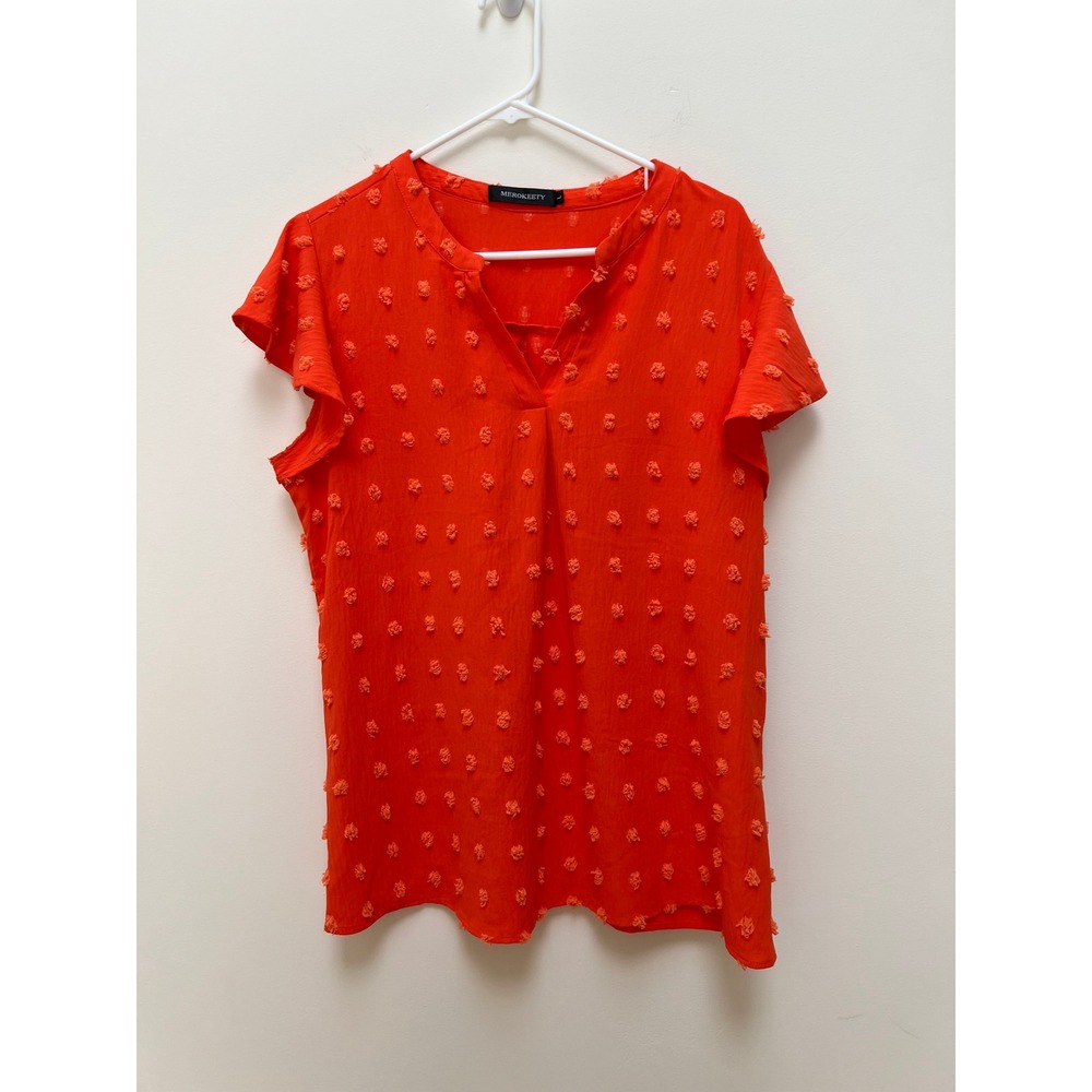 MEROKEETY Blouse Women Large Orange Swiss Dot V-Neck Flutter Sleeve Textured